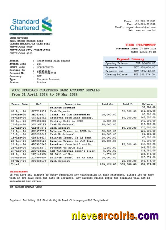 India Standard Chartered bank statement Word and PDF, version 2